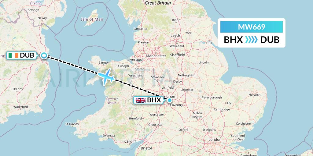 MW669 Mokulele Flight Service Flight Map: Birmingham to Dublin