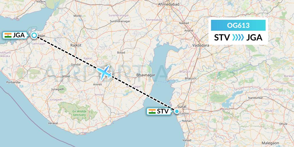 OG613 Fly Play Flight Map: Surat to Jamnagar