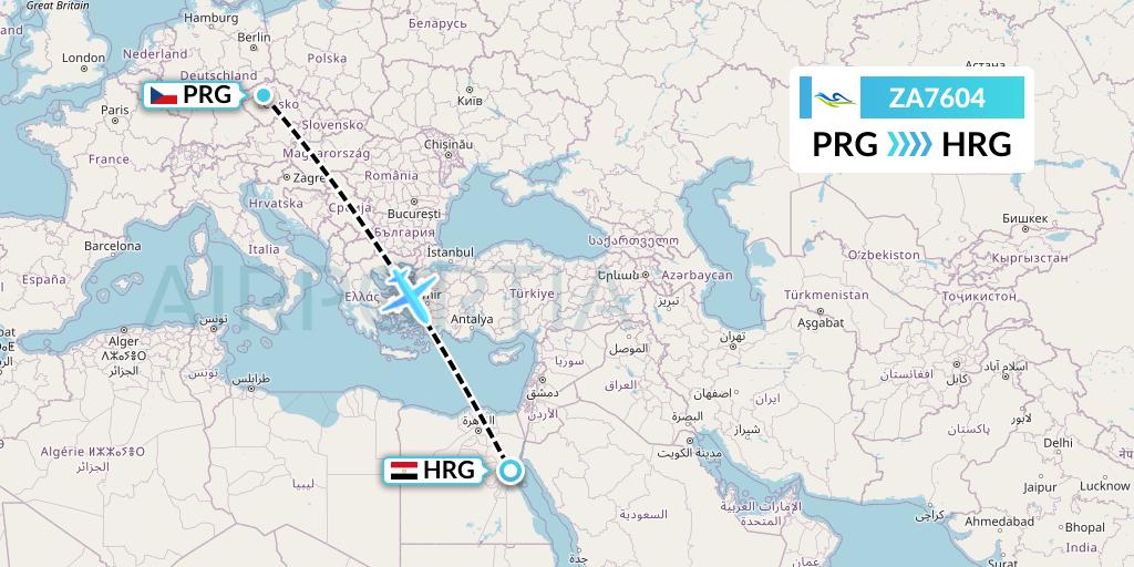 ZA7604 Sky Angkor Airlines Flight Map: Prague to Hurghada