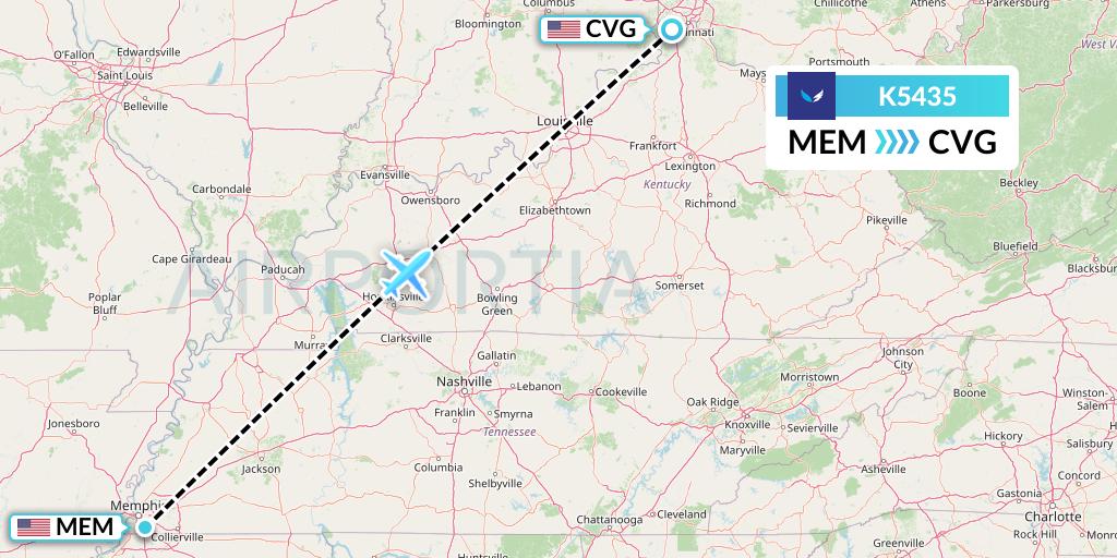 K5435 SeaPort Airlines Flight Map: Memphis to Cincinnati