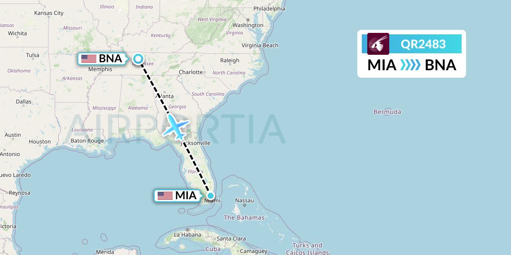QR2483 Qatar Airways Flight Map: Miami to Nashville