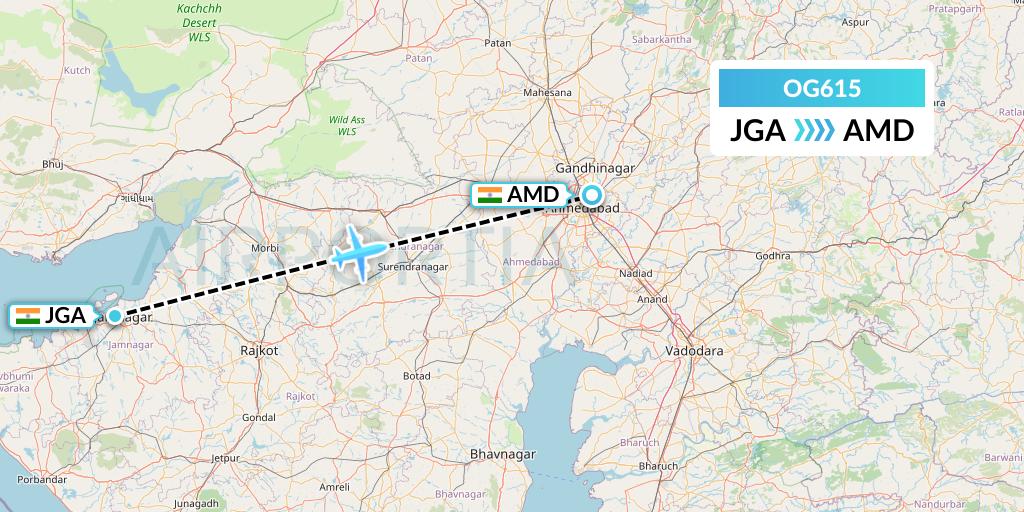 OG615 Fly Play Flight Map: Jamnagar to Ahmedabad