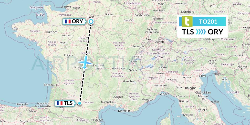 TO201 Transavia France Flight Map: Toulouse to Paris