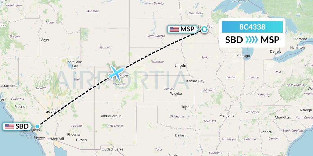 8C4338 Air Transport International Flight Map: San Bernardino to Minneapolis