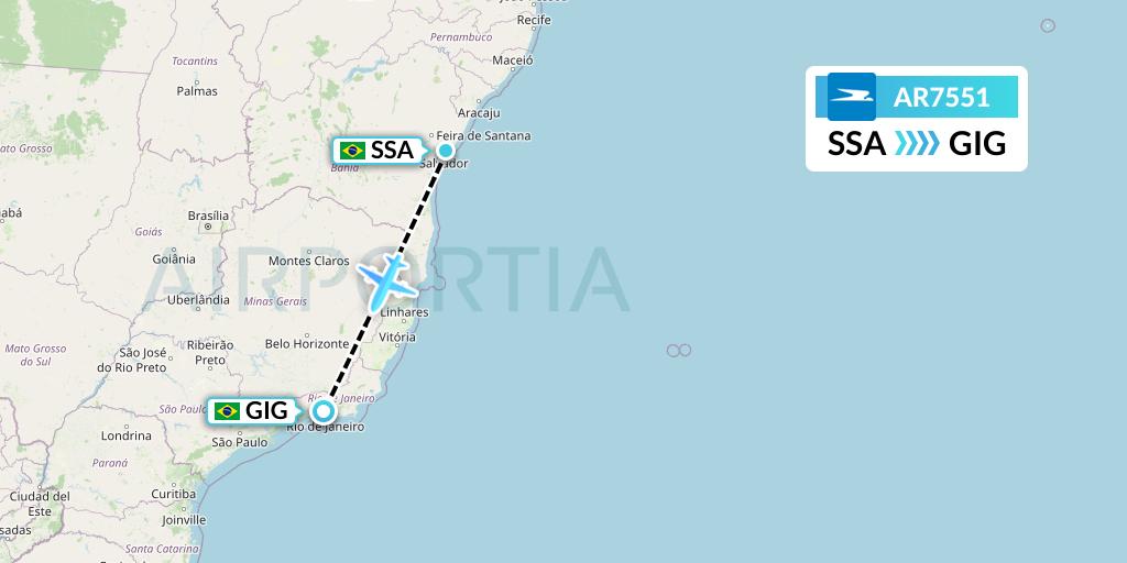 AR7551 Aerolineas Argentinas Flight Map: Salvador to Rio de Janeiro