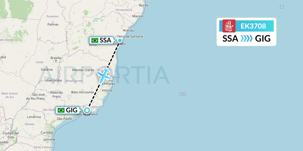 EK3708 Emirates Flight Map: Salvador to Rio de Janeiro