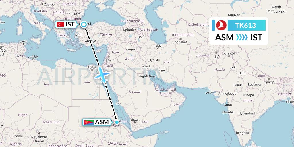 TK613 Turkish Airlines Flight Map: Asmara to Istanbul