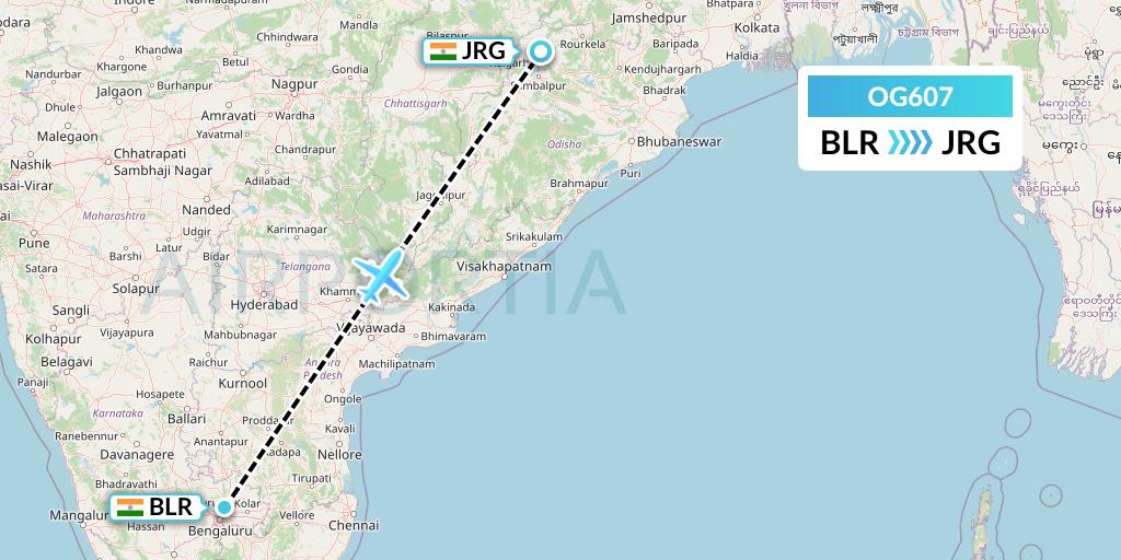 OG607 Fly Play Flight Map: Bangalore to Ranchi
