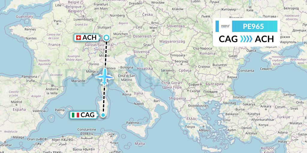 PE965 People's Viennaline Flight Map: Cagliari to St. Gallen