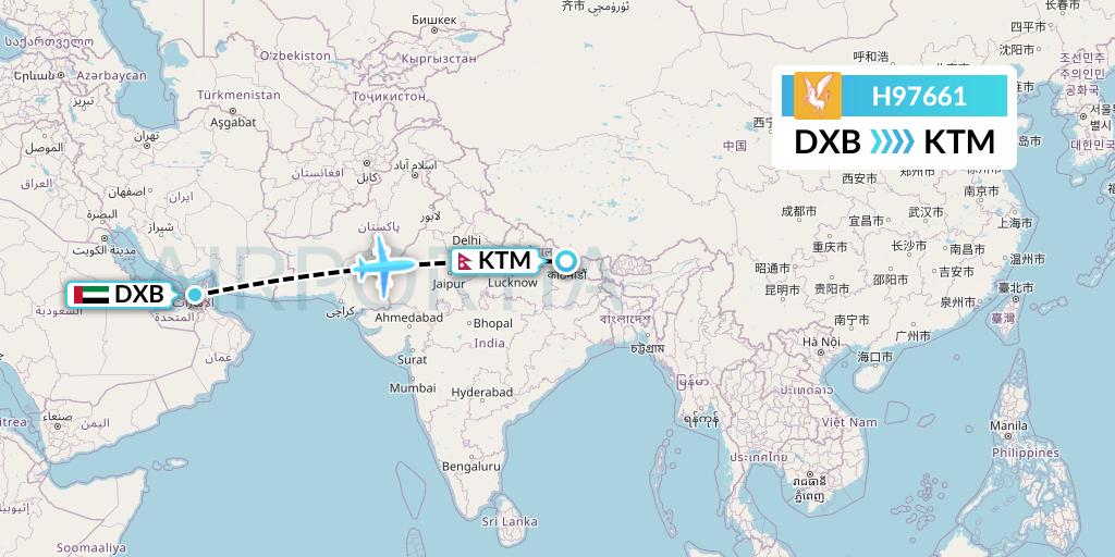 H97661 Himalaya Airlines Flight Map: Dubai to Kathmandu