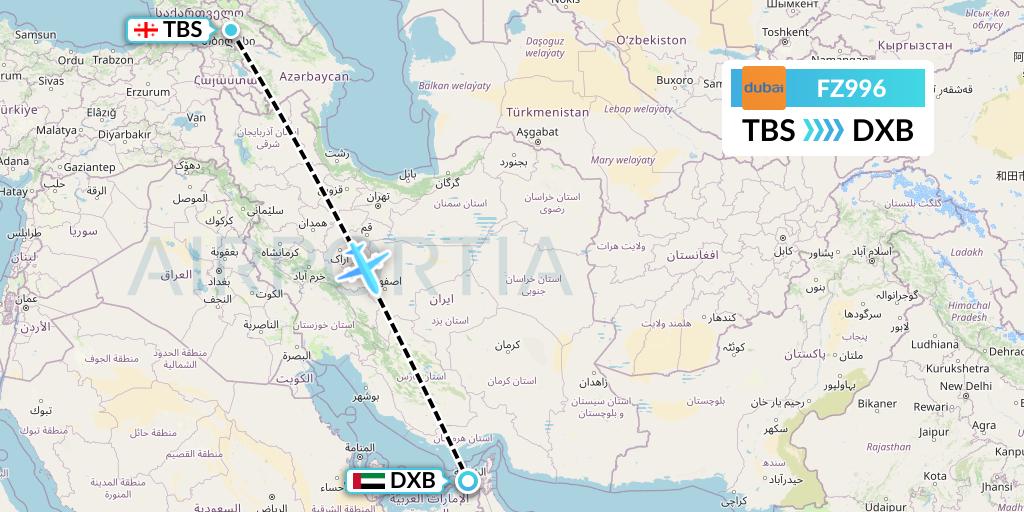FZ996 FlyDubai Flight Map: Tbilisi to Dubai