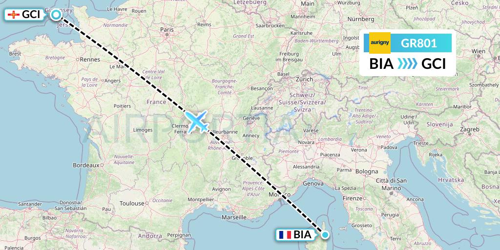 GR801 Aurigny Air Services Flight Map: Bastia to Guernsey