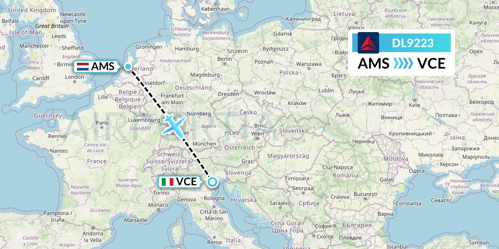 DL9223 Delta Air Lines Flight Map: Amsterdam to Venice