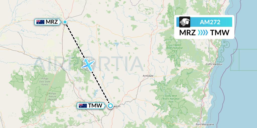 AM272 Aeromexico Flight Map: Moree to Tamworth