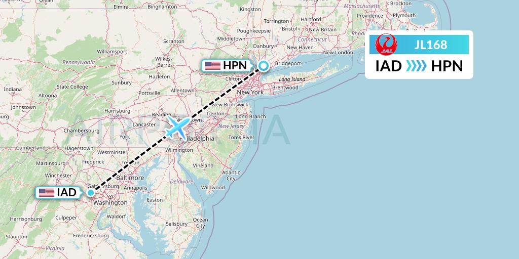 JL168 Japan Airlines Flight Map: Washington to White Plains