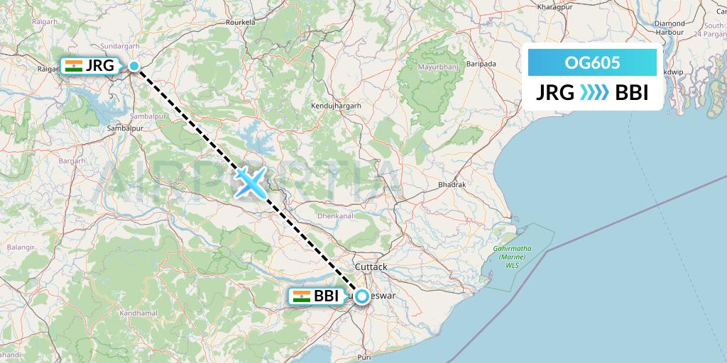 OG605 Fly Play Flight Map: Ranchi to Bhubaneswar