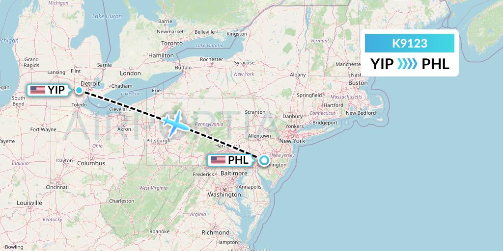 K9123 Kalitta Charters Flight Map: Detroit to Philadelphia