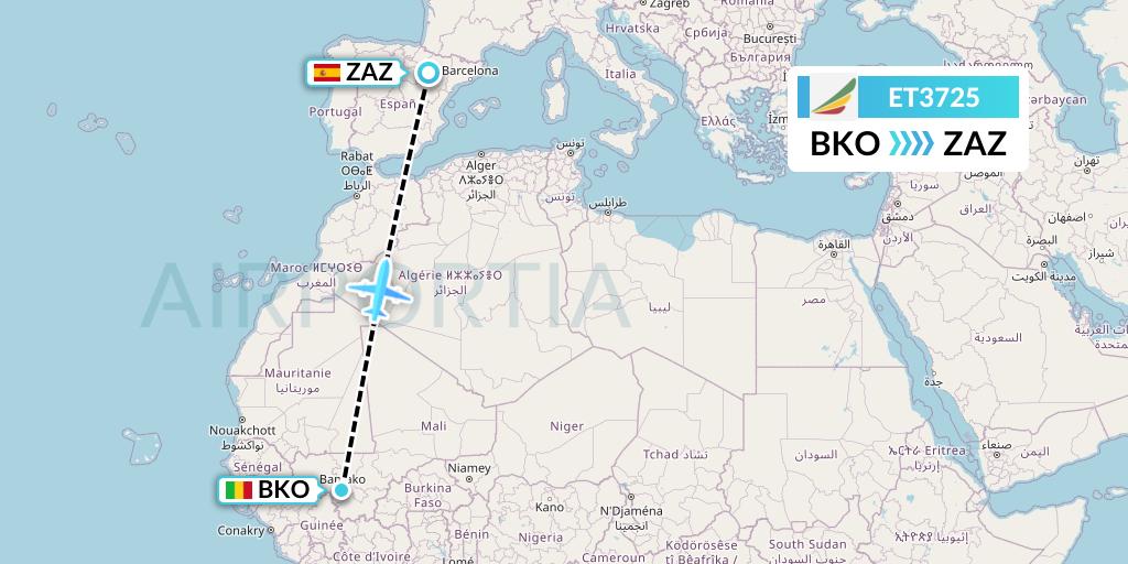 ET3725 Ethiopian Airlines Flight Map: Bamako to Zaragoza