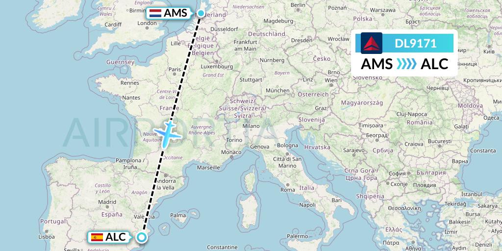 DL9171 Delta Air Lines Flight Map: Amsterdam to Alicante