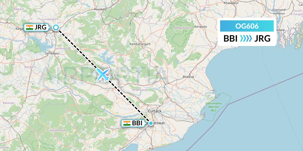 OG606 Fly Play Flight Map: Bhubaneswar to Ranchi