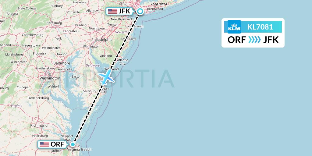 KL7081 KLM Flight Map: Norfolk to New York
