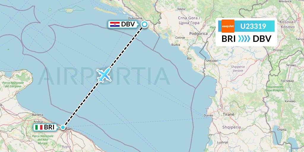 U23319 EasyJet Flight Map: Bari to Dubrovnik