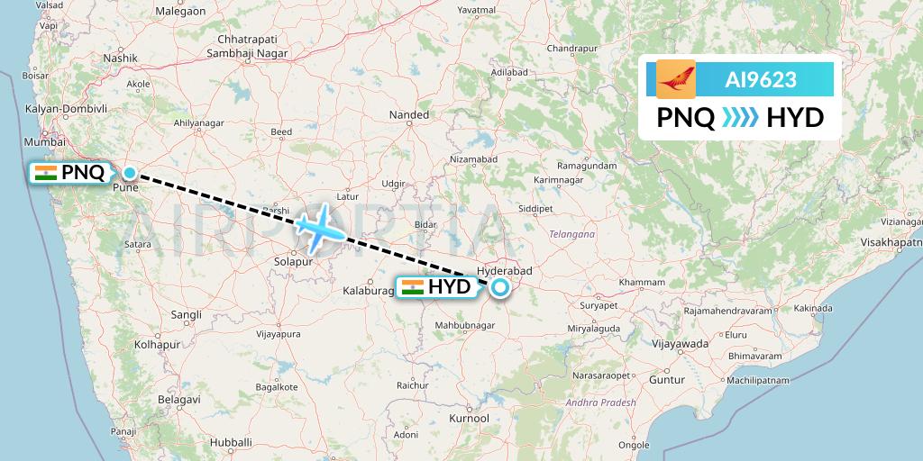 AI9623 Air India Flight Map: Pune to Hyderabad