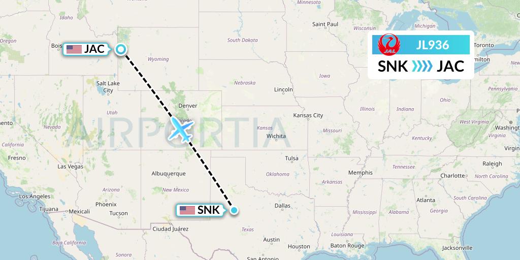 JL936 Japan Airlines Flight Map: Snyder to Jackson