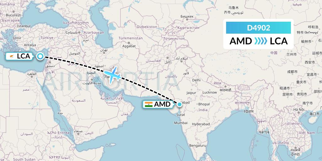 D4902 Dart Flight Map: Ahmedabad to Larnaca