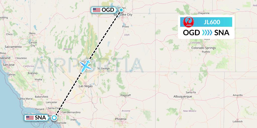 JL600 Japan Airlines Flight Map: Ogden to Orange County