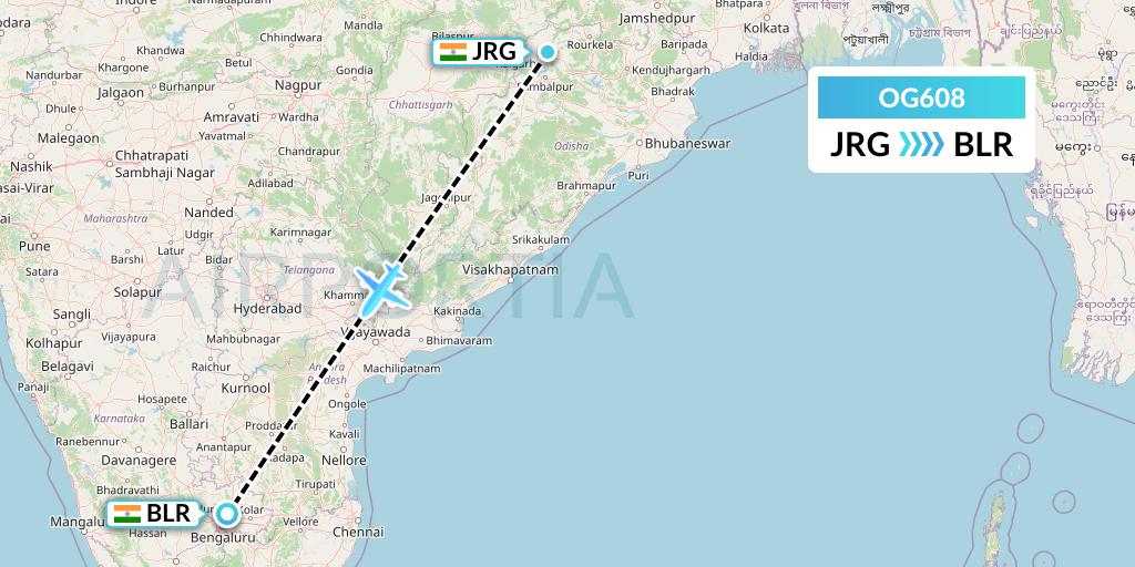 OG608 Fly Play Flight Map: Ranchi to Bangalore
