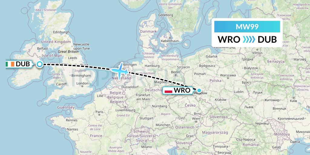 MW99 Mokulele Flight Service Flight Map: Wroclaw to Dublin
