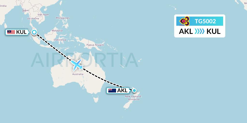 TG5002 Thai Airways Flight Map: Auckland to Kuala Lumpur