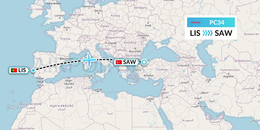 PC34 Pegasus Airlines Flight Map: Lisbon to Istanbul