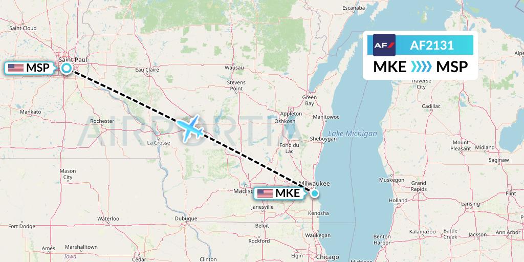 AF2131 Air France Flight Map: Milwaukee to Minneapolis