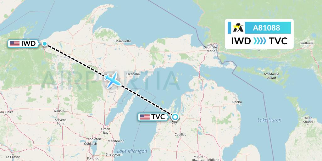 A81088 Aerolink Uganda Flight Map: Ironwood to Traverse City