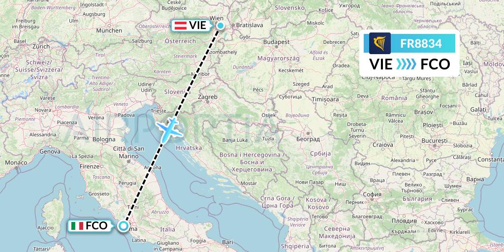 FR8834 Ryanair Flight Map: Vienna to Rome