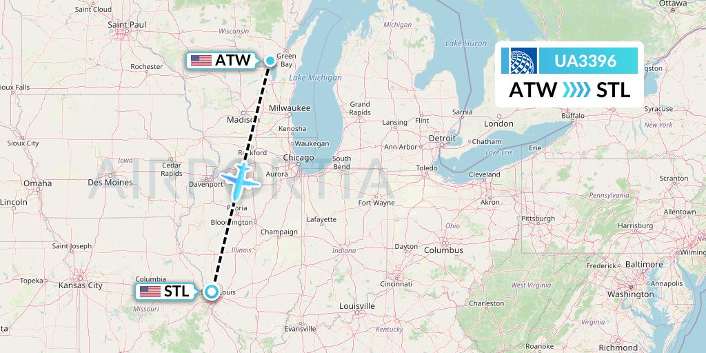 UA3396 United Airlines Flight Map: Appleton to St. Louis