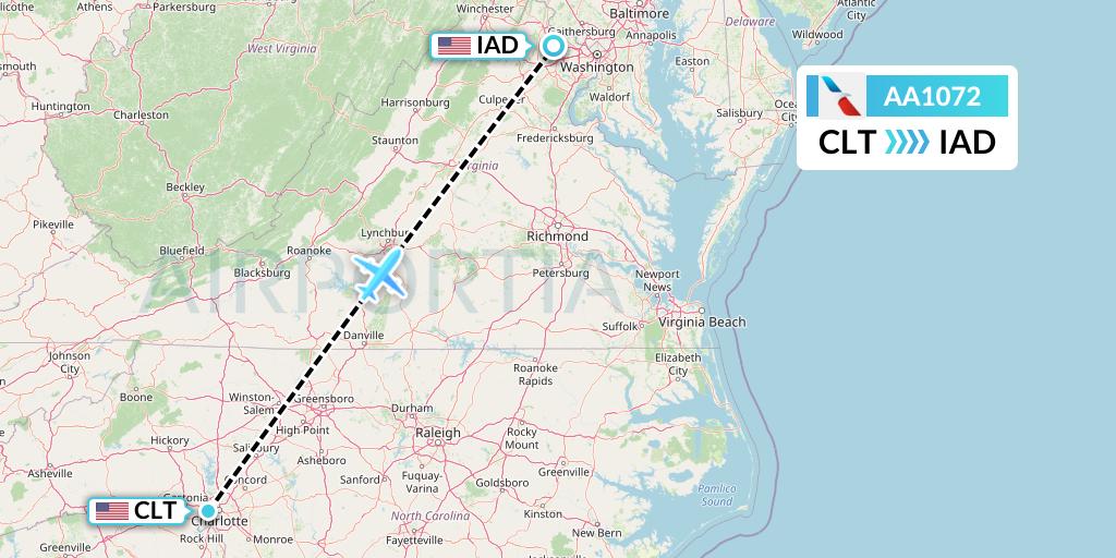 AA1072 American Airlines Flight Map: Charlotte to Washington