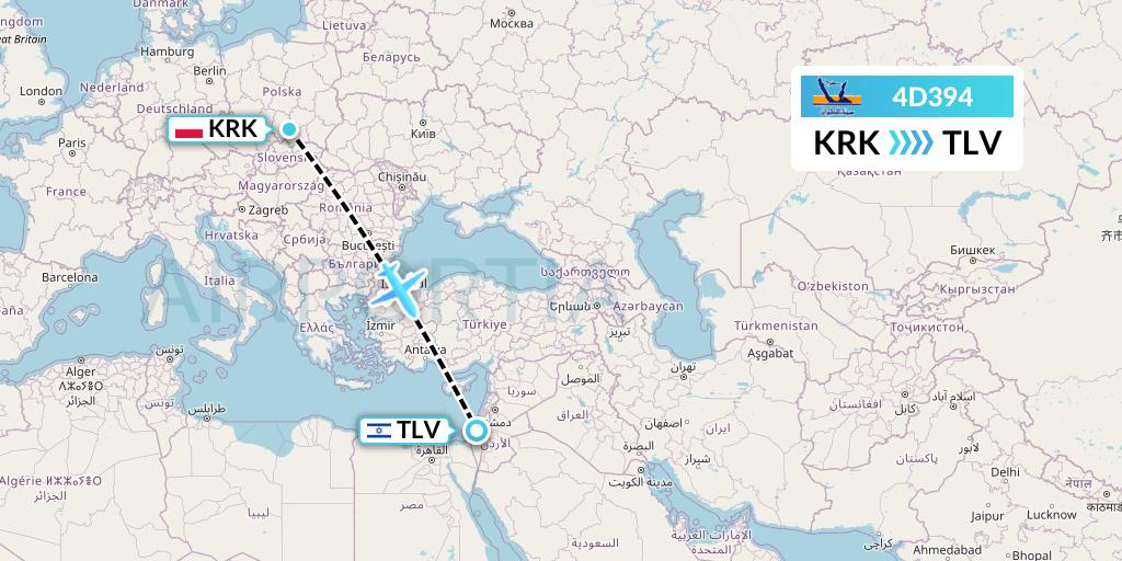 4D394 Air Sinai Flight Map: Krakow to Tel Aviv