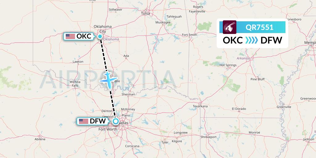 QR7551 Qatar Airways Flight Map: Oklahoma City to Dallas
