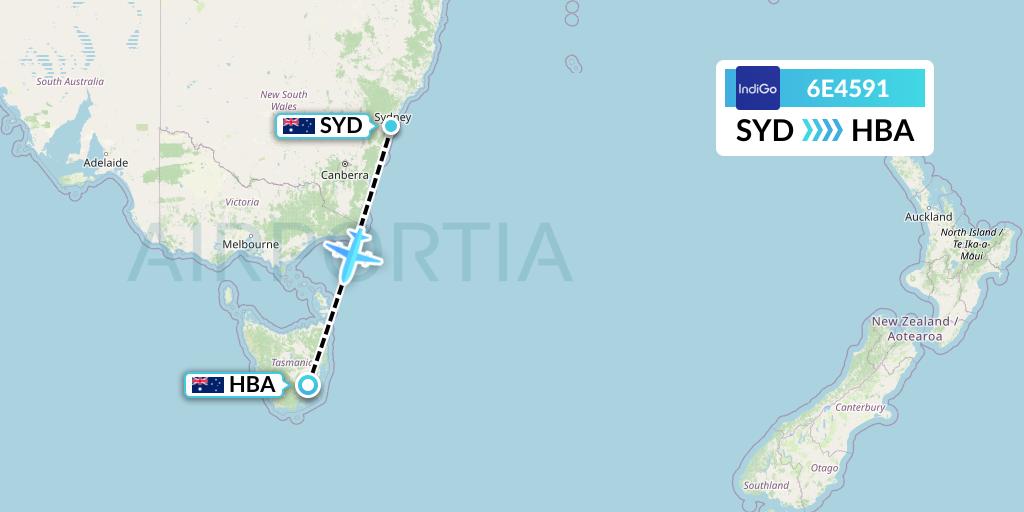 6E4591 IndiGo Airlines Flight Map: Sydney to Hobart