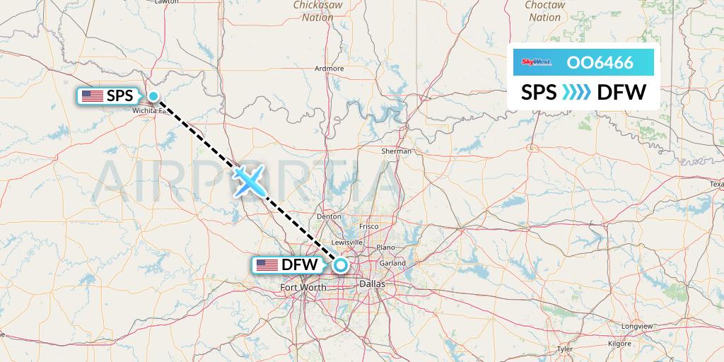 OO6466 SkyWest Airlines Flight Map: Wichita Falls to Dallas