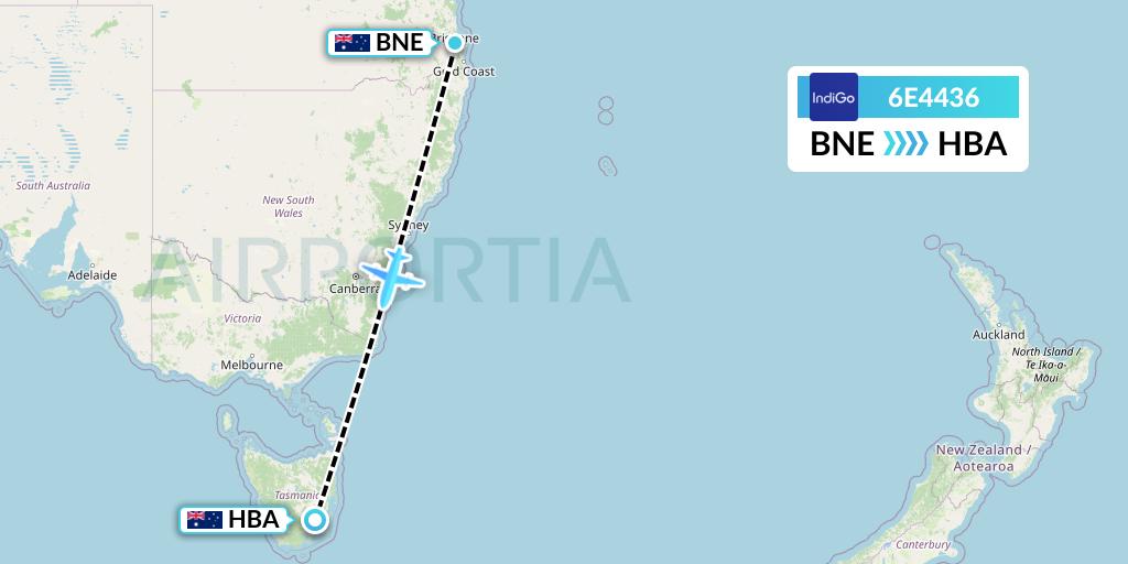 6E4436 IndiGo Airlines Flight Map: Brisbane to Hobart