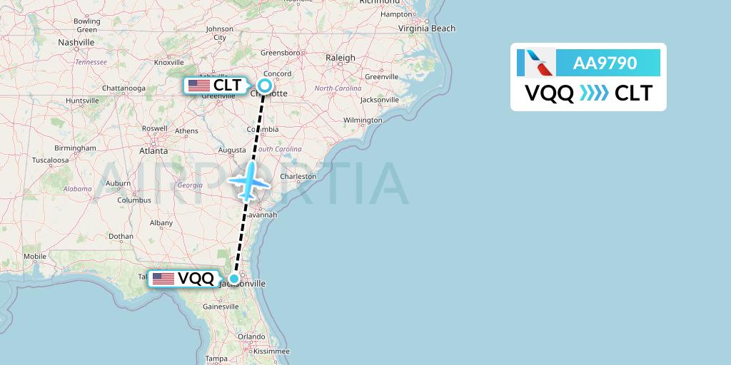 AA9790 American Airlines Flight Map: Jacksonville to Charlotte