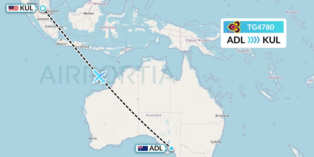 TG4780 Thai Airways Flight Map: Adelaide to Kuala Lumpur