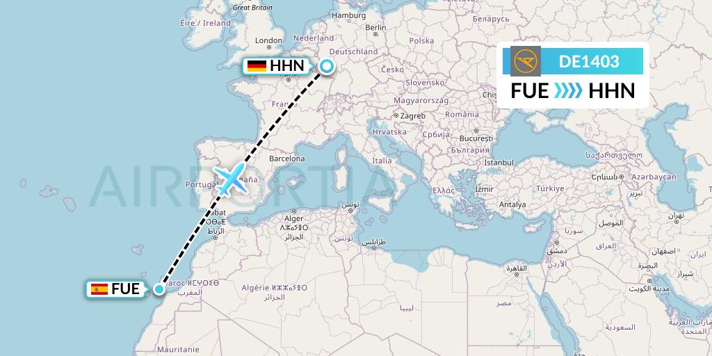 DE1403 Condor Flight Map: Fuerteventura to Hahn