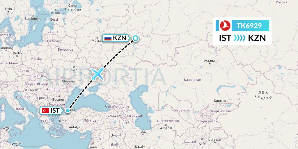 TK6929 Turkish Airlines Flight Map: Istanbul to Kazan