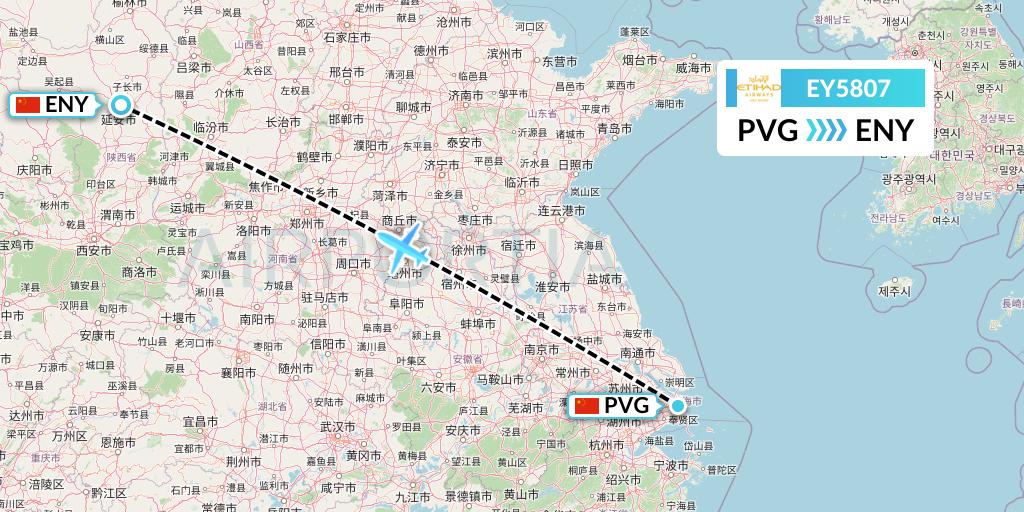 EY5807 Etihad Airways Flight Map: Shanghai to Yan'an