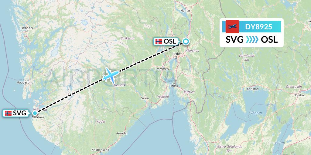 DY8925 Norwegian Flight Map: Stavanger to Oslo
